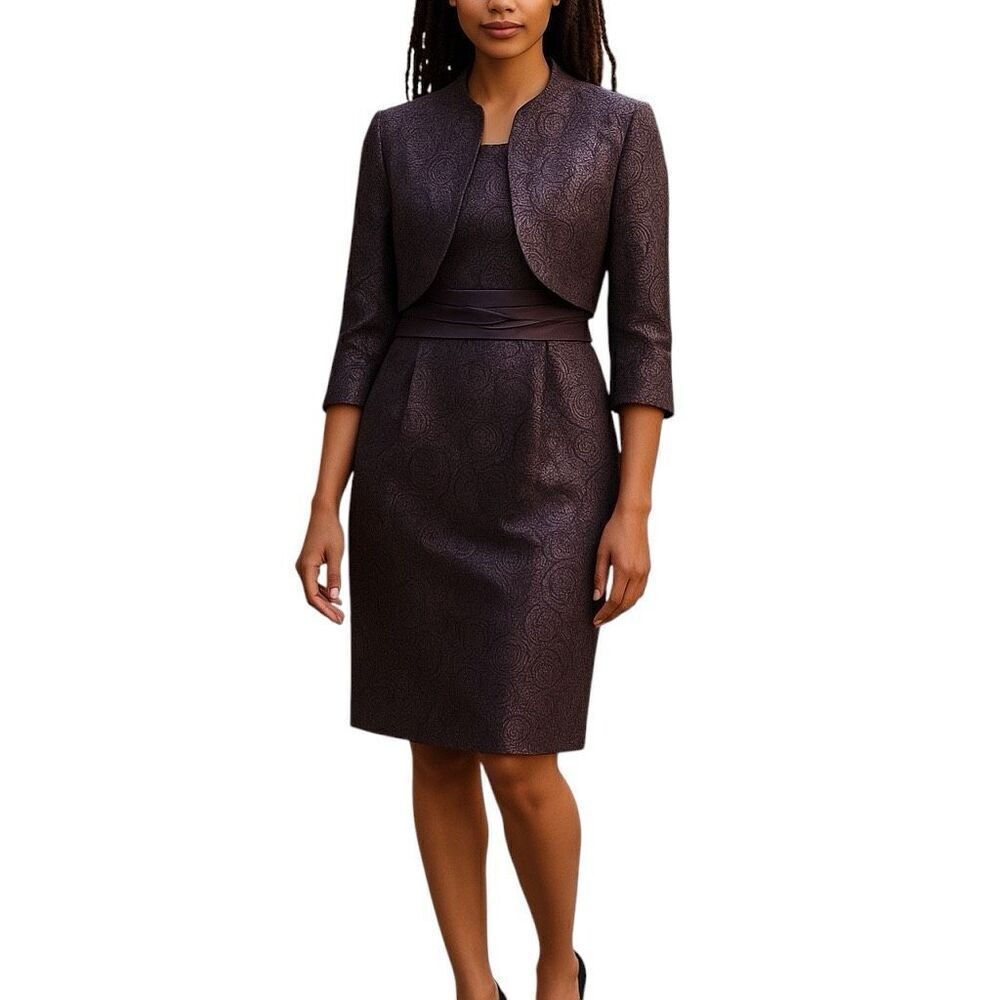 R&M Richards 6 Dress & Jacket 2-PC Set Plum Purple Jacquard Swirl Wedding Guest